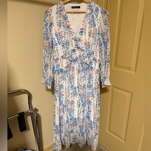 Chic Long Sleeve lined Floral Dress in Blue and Orange XL NWOT